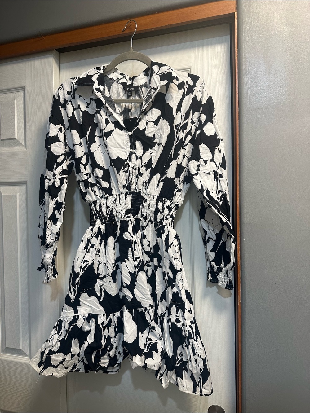 Fate Black & White Floral Long Sleeve Smocked Waist Dress